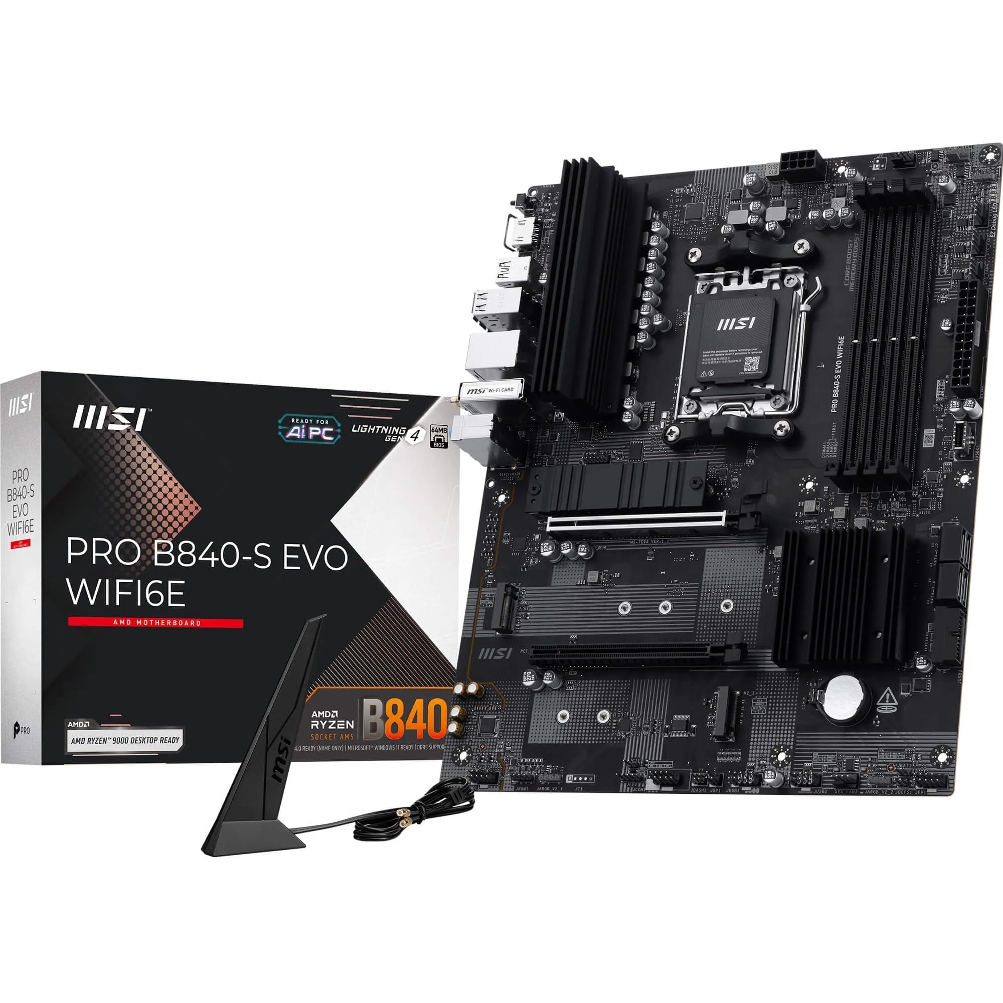 MSI PRO B840-S EVO WIFI6E Motherboard, ATX - Supports AMD Ryzen 9000/8000 / 7000 Processors, AM5 - DDR5 Memory Boost up to 8000+ MT/s OC, PCIe 4.0 x16, M.2 Gen4, Wi-Fi 6E, 2.5G LAN product image