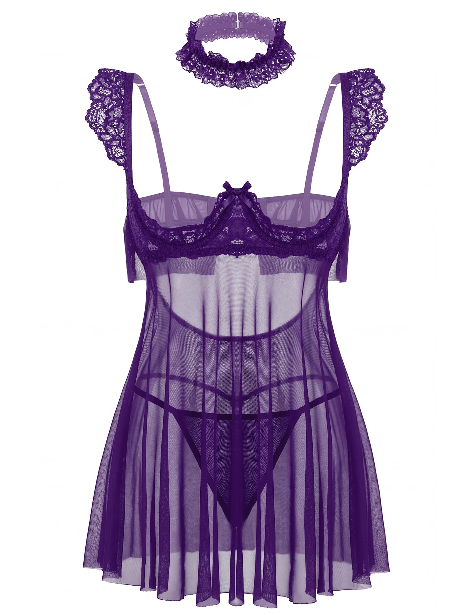 Avidlove Women Lingerie Sexy Sheer Mesh Lace Underwire Push Up Babydoll Lingerie Dress with Lace Necklace product image
