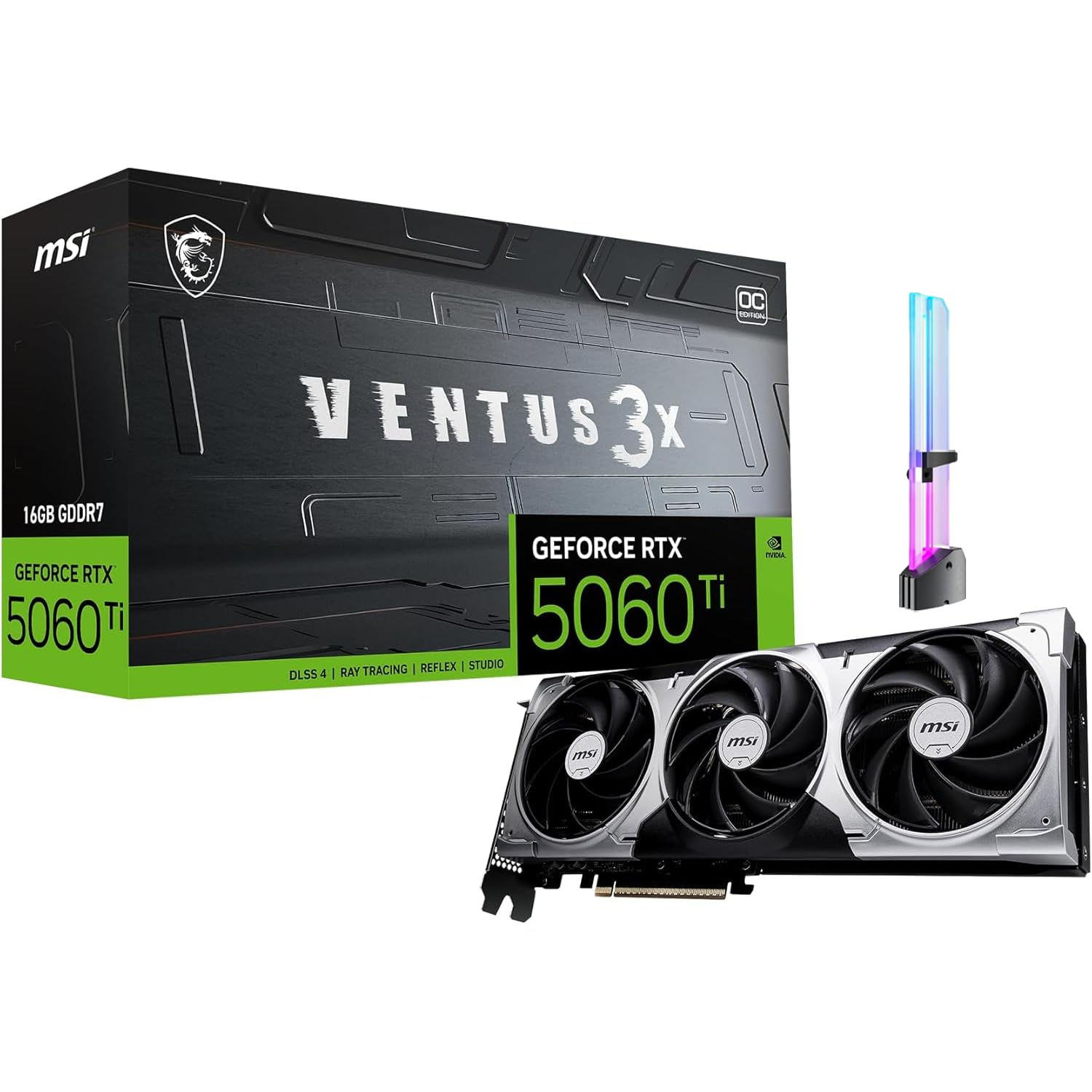 msi GeForce RTX 5060 Ti 16G Ventus 3X OC Graphics Card, 16GB GDDR7, PCIe Gen 5, 3X DP 2.1b, HDMI 2.1b, 1440p Gaming, AI Content Creation, 3D Rendering, Streaming, RGB GPU Holder product image