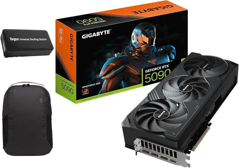 GIGABYTE GeForce RTX 5090 WINDFORCE OC 32G Graphics Card, WINDFORCE Cooling System, 32GB 512-bit GDDR7, GV-N5090WF3OC-32GD Video Card Bundle with Targus dockstation and Alinware Backpack product image