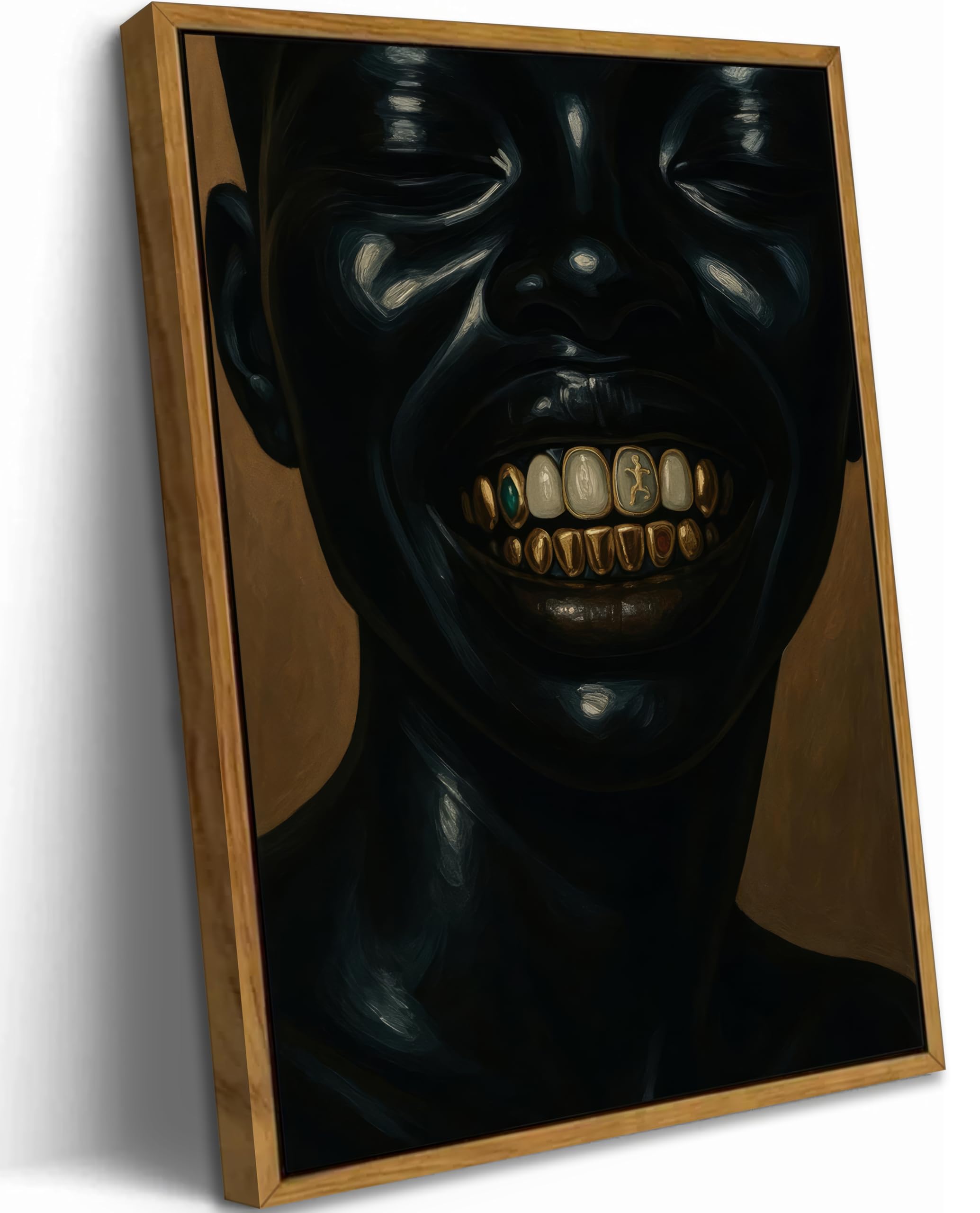 Floating Framed Abstract Black Men Canvas Wall Art, African American Gold Teeth Painting Picture Wall Decor, Urban Street Hip Hop Poster Print Artwork for Bedroom, Apartment, Home Decoration 8x10in product image